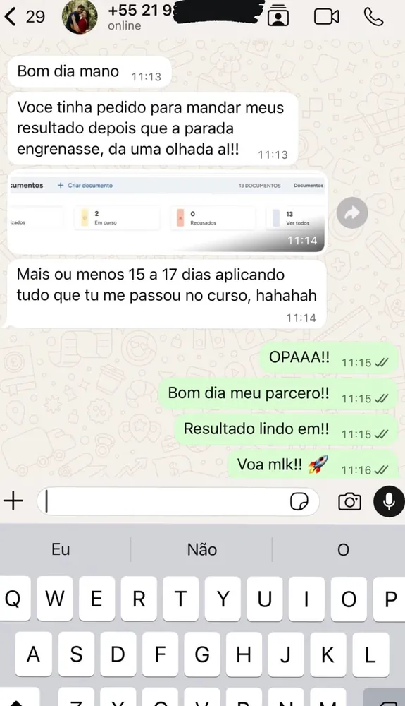 Print de WhatsApp de aluno relatando resultado em 15 a 17 dias aplicando o método